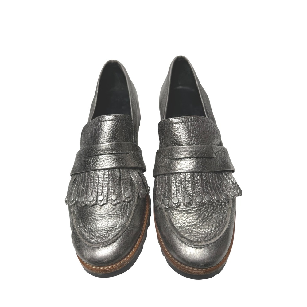Bernardo Olley‎ Metallic Gunmetal Leather Kiltie Fringe Studded Loafers Size 9M